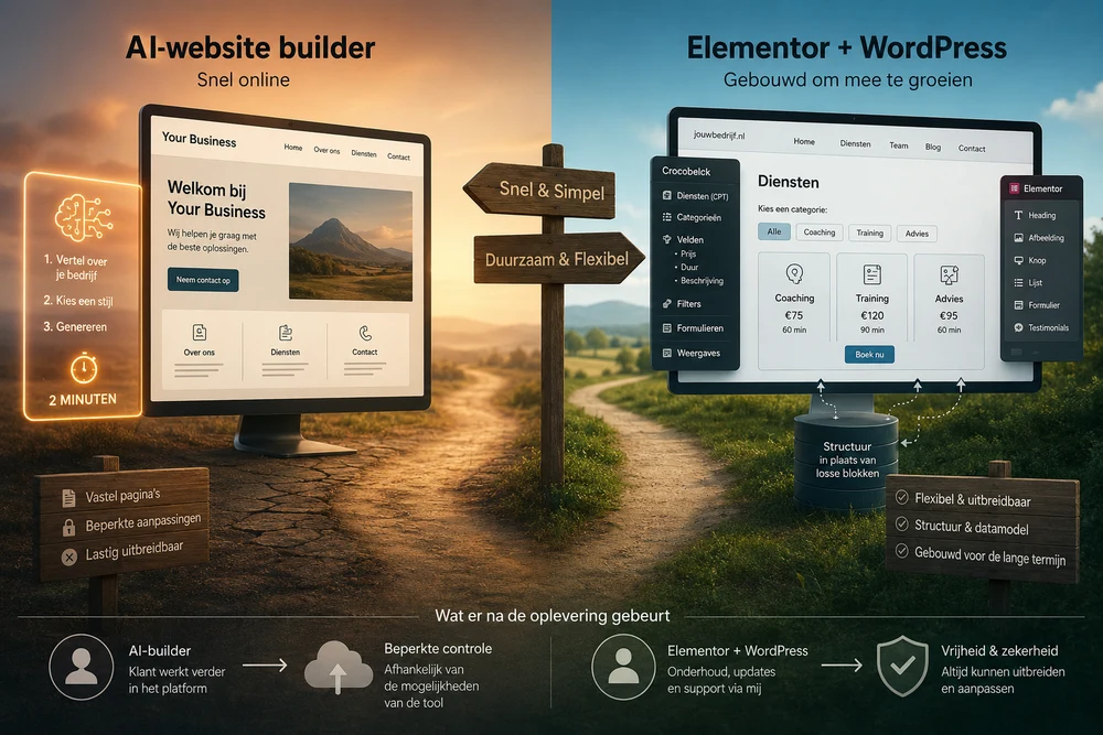 Illustratie die een AI-websitebouwer vergelijkt met Elementor en WordPress. Links staat snelheid en eenvoud centraal, rechts flexibiliteit, structuur en de mogelijkheid om een website mee te laten groeien.